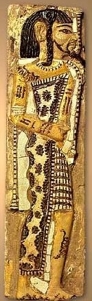 An ancient Egyptian slab depicting an eastern Libyan man. Note the figure's body-wrap, necklace and armband, which the modern Libyans no longer wear. These sartorial elements have instead been taken up by the Maasai, Nandi and other Nilotic peoples inhabiting the Great Lakes region. Consequently, this style of dressing is often misattributed as traditional Nilotic attire, when in fact it is borrowed ancient Libyan/Cushitic culture.