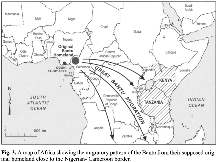 Map showing the spread of the Niger-Congo-speaking ancestors of the Tutsis and Hutus from their suggested Original Bantu Homeland on the Nigeria-Cameroon border (Jaja et al. (2011)).