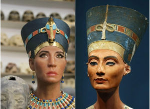 Reconstruction of the mummy of The Younger Lady (left) and statue of Nefertiti. The resemblance between the two figures is striking, consistent with the association of The Younger Lady with Nefertiti. Thus, the unusual head shape of the Nefertiti sculpture above is meant to represent the Younger Lady's confirmed artificial cranial deformation rather than kinky hair like that of the Tutsi-Hima Bantus.