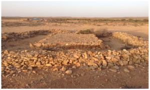 An enclosed platform monument at Salaxley Valley near Garowe in northeastern Somalia, one of many such ancient burials in the area. Chittick (1975) also reported the existence of similar mortuary structures on the coast at Ras Hafun. Like the ring cairns further south at Kokurmatakore in the Great Lakes region, these ring and platform cairns of the Horn appear to be vestiges of the more elaborate crypt/vault and superstructure burials of the C-Group peoples and Neolithic pastoralists in the Nile Valley. During the subsequent Christian and Islamic eras, masons probably bit-by-bit disassembled the dry-stone walls and roofs, which once encased these graves. This would have given these builders the raw material they needed to construct new mosques, churches and other religious edifices. A comparable process is known to have occurred in medieval Egypt, when the Islamic dynasties repurposed the ancient pyramids' original gleaming limestone surface in order to erect their grand mosques.