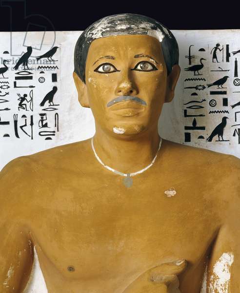 Painted limestone statue of the ancient Egyptian Prince Rahotep, from the Mastaba of Rahotep at Meidum, Lower Egypt. This sculpture dates from the Old Kingdom's 4th Dynasty (c. 2613-2498 BCE), showing the early usage of the kohl eyeliner in the Nile Valley.