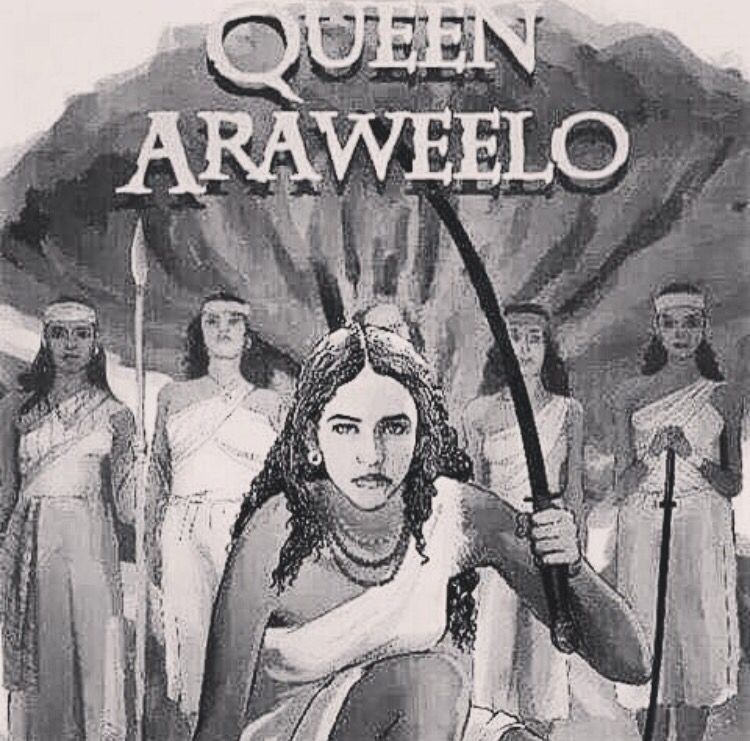 Illustration of the fabled Somali queen Araweelo. Note how the headbands on the female figures behind her resemble that worn by the Puntite ruler Ati.