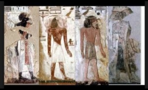 Closeup of the original single panel in the Tomb of Seti I. The mural depicts (from left) “black” Nubian, copper-brown Egyptian, yellow-brown Levantine, and white Temehu figures. (*N.B. This is supported by archaeogenetic analysis. Haber et al. (2017) note that Bronze Age Levantine individuals from Sidon generally looked like their modern descendants, but had a darker complexion: "SNPs associated with phenotypic traits show that Sidon_BA and the Lebanese had comparable skin, hair, and eye colors[...] but with Sidon_BA probably having darker skin than Lebanese today from variants in SLC45A2 resulting in darker pigmentation".)