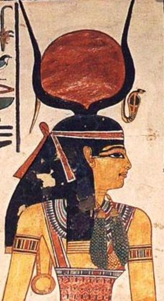 The goddess Hathor (the "Lady of Punt") depicted with the traditional headband and Broad Collar necklace of the ancient Egyptians. H. Beck examined similar necklace beads that were recovered from the Njoro Cave, a Rift Valley site formerly occupied by the Cushites of the Pastoral Neolithic, and found that "some of them show great resemblance to the pre-dynastic Egyptian work." (*N.B. Rightmire (1975) analysed human crania that were excavated from ancient burial sites in the Rift Valley. He observed that several of the Cushitic Pastoral Neolithic specimens (viz. the Baharini, Makalia I and Elementeitan F1 skulls) shared greatest craniometric affinities with the male and female ancient Egyptian samples. Thus, there was in antiquity an Egyptian-related population that inhabited the Great Lakes region: the Cushites of the Pastoral Neolithic.)