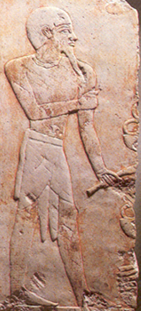Parahu, a chief of Punt, as depicted on one of the wall paintings at Hatshepsut's temple in Deir el-Bahri, Egypt. A series of stacked leg rings can be seen on the ruler's right leg in the foreground, extending up to his mid-calf area.