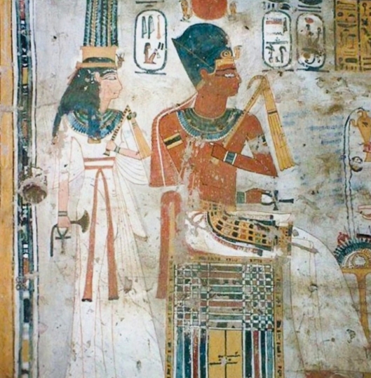 Mural from the Tomb of Amenemonet at Luxor, Egypt, depicting the ancient Egyptian Pharaoh Amenhotep III and his wife Queen Tiye.