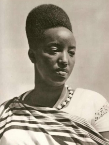 Rosalie Gicanda, the last Tutsi queen of Rwanda (moderately Cushitic-admixed Bantu). The Tutsi of the Great Lakes region have moderate amounts of admixture from earlier Southern Cushites, whom their Bantu forebears assimilated. This Cushitic influence is reflected in their tall stature and anthropometric traits, as well as in certain borrowed cultural elements. However, the Tutsi have retained the original Niger-Congo language, skin pigmentation and hair texture of their Bantu ancestors.