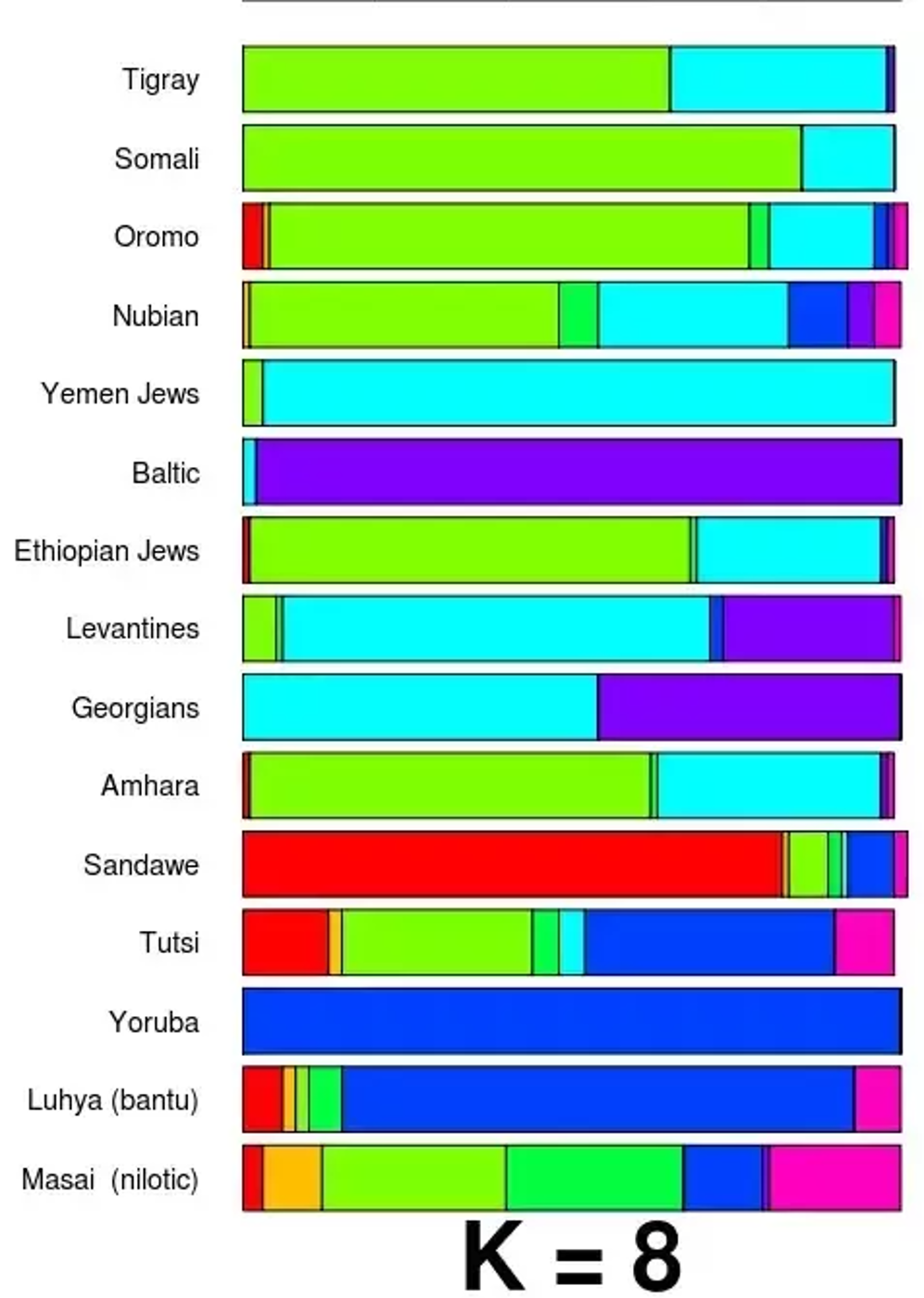 Admixture analysis of Tutsi Bantus and other global populations. The examined Tutsi individuals trace most of their ancestry to Sub-Saharan ancestral sources (over 70% on average), comprising Niger-Congo (blue component), Nilo-Saharan (dark green component), Pygmy (pink component), and hunter-gatherer (red component) genome elements. They also have some Eurasian-related admixture derived from Cushitic peoples (~30% of the light green component, which peaks among the Southern Somali sample). This concurs with the commercial genetic tests above of Bantu-speaking Tutsi individuals..